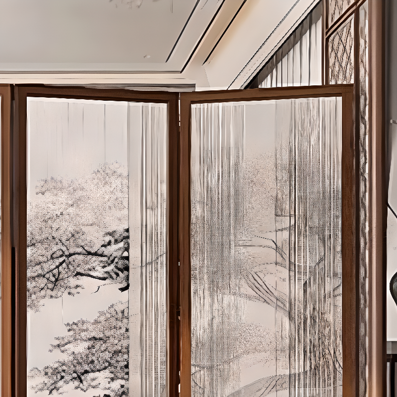 Sepia Opaque Compact Room Divider with Lumber Frame and 5 Panels/4 Panels, Double Sided Print, Detached