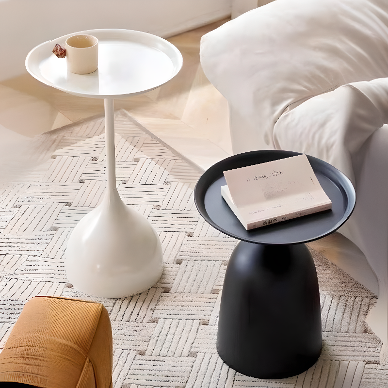 Contemporary White/Black Metal Rounded Tray Top Chairside Table with Stump Base, Table Only