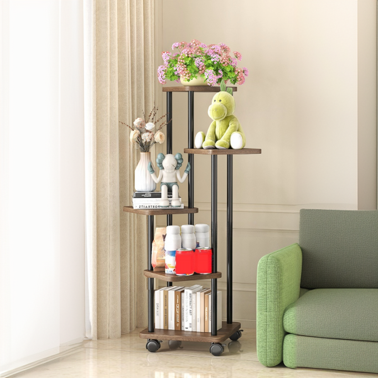 Contemporary Timber Rectangle Plant Stand with Shelf, Rolling Included/Not Included
