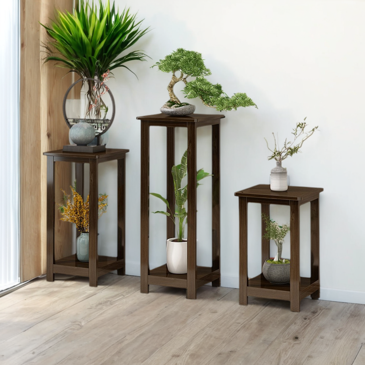 Minimalist Square Wooden Plant Stand Side Table, Floor Mounted