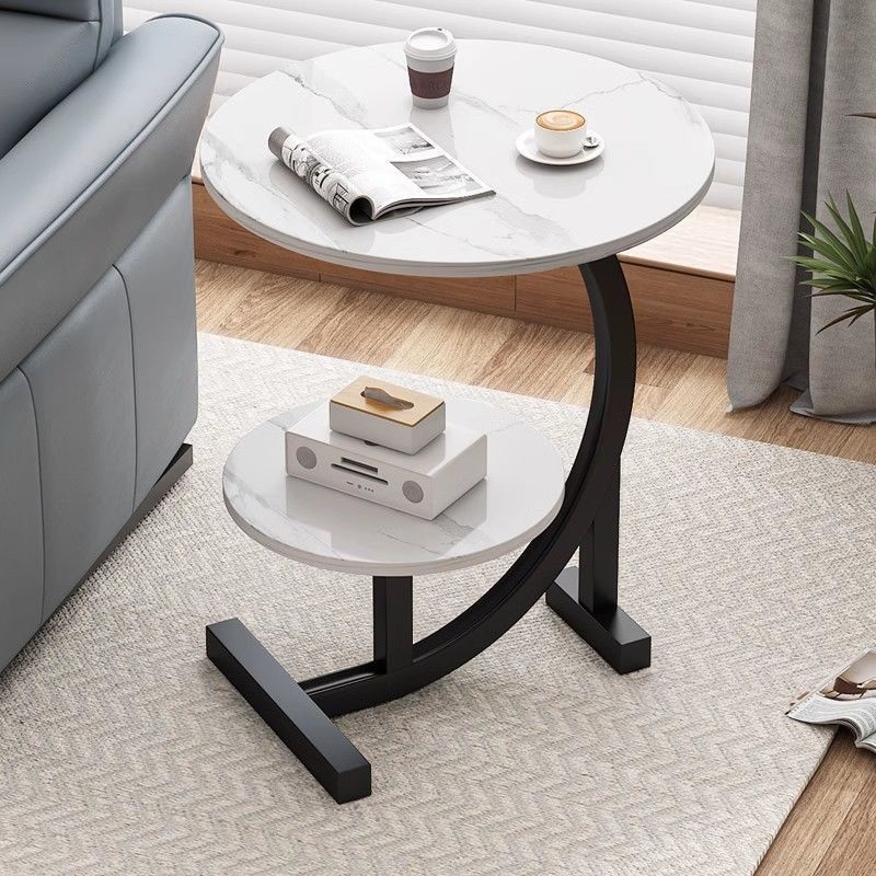 Modern Simple Style Chairside Table Only, Wood C-shape Base, Black/White/Cocoa Orbicular with Shelf