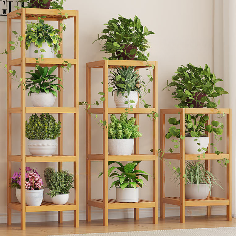 Minimalist Rectangle Multi-Tiered Wooden Flower Rack, Floor Mounted