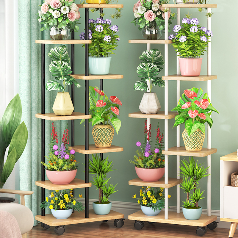 Modish Multi-Tier Lumber Rectangle Flower Stand with Wheel Base and 8 Shelves/7 Shelves/6 Shelves
