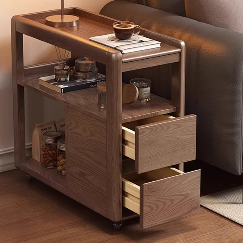Rectangular Wood Colour/Brown/Black Chairside Table with Wood 2 Drawers, Wheel Base, Shelf and Caster Wheels