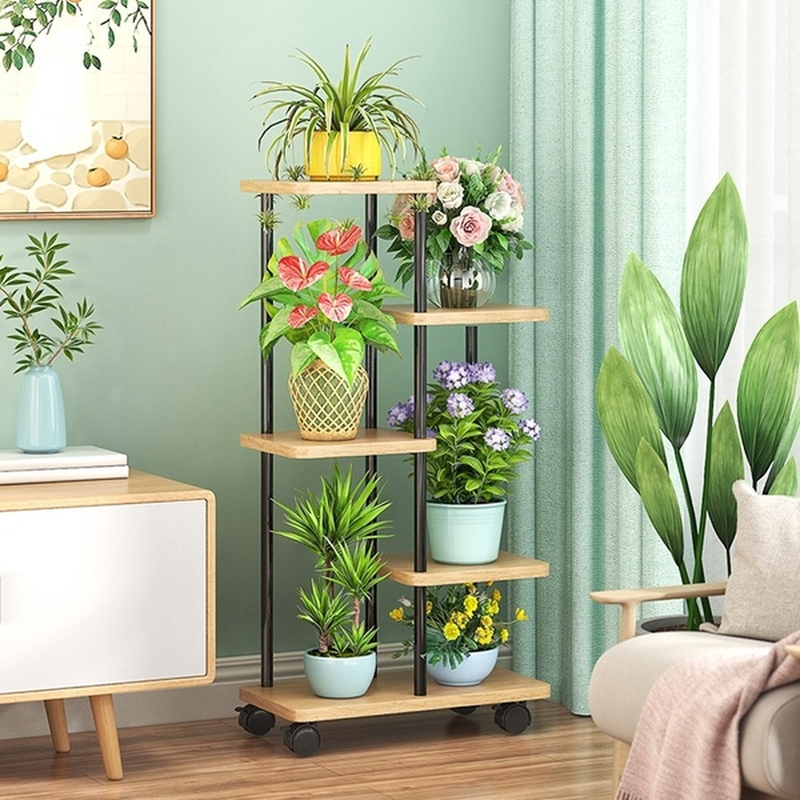 Art Deco Multi-Tiered Wooden Rectangle Plant Holder with 8 Shelves/7 Shelves/6 Shelves and Rollers