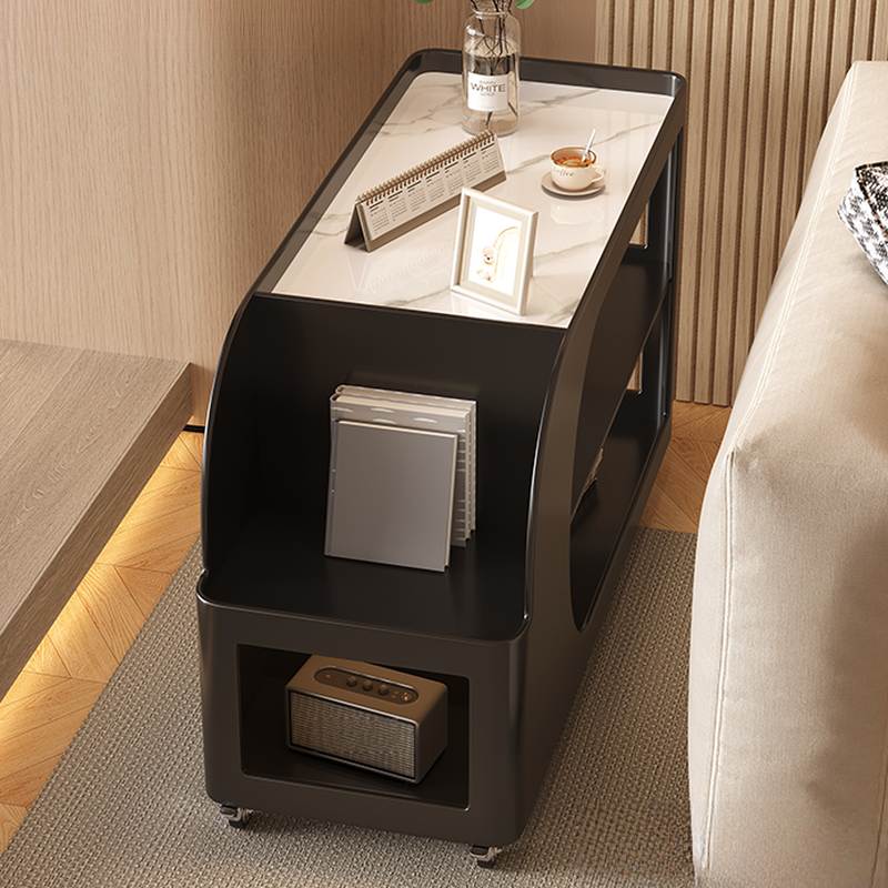 Chairside Table with Sintered Stone Top, Wheel Base, White Portable Rectangle Tray Top with Shelf