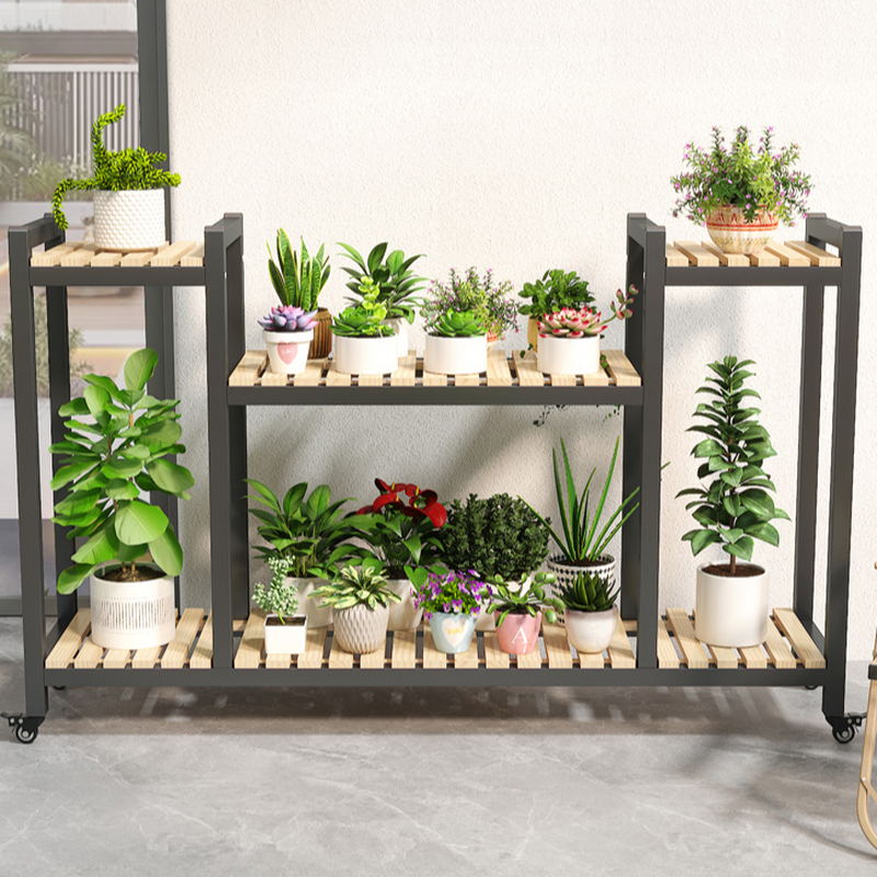 Modish Rectangle Lumber Multi-Tier Flower Stand with Casters