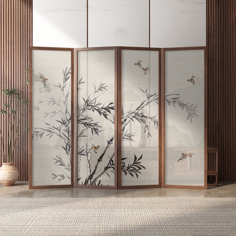 Sepia Translucent Compact Room Divider with 4 Panels, Double Sided Print, and Gauze Material, Freestanding