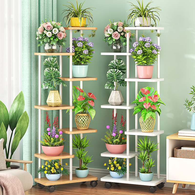 Minimalist Rectangle Multi-Tiered Flower Rack with Composite Wood Top and 8/7/6 Shelves on Casters