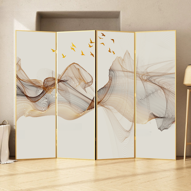 Luxurious Aureate Room Divider with Opaque Light Filtration, Compact Metal Frame, 4 Panels, and Double Sided Print