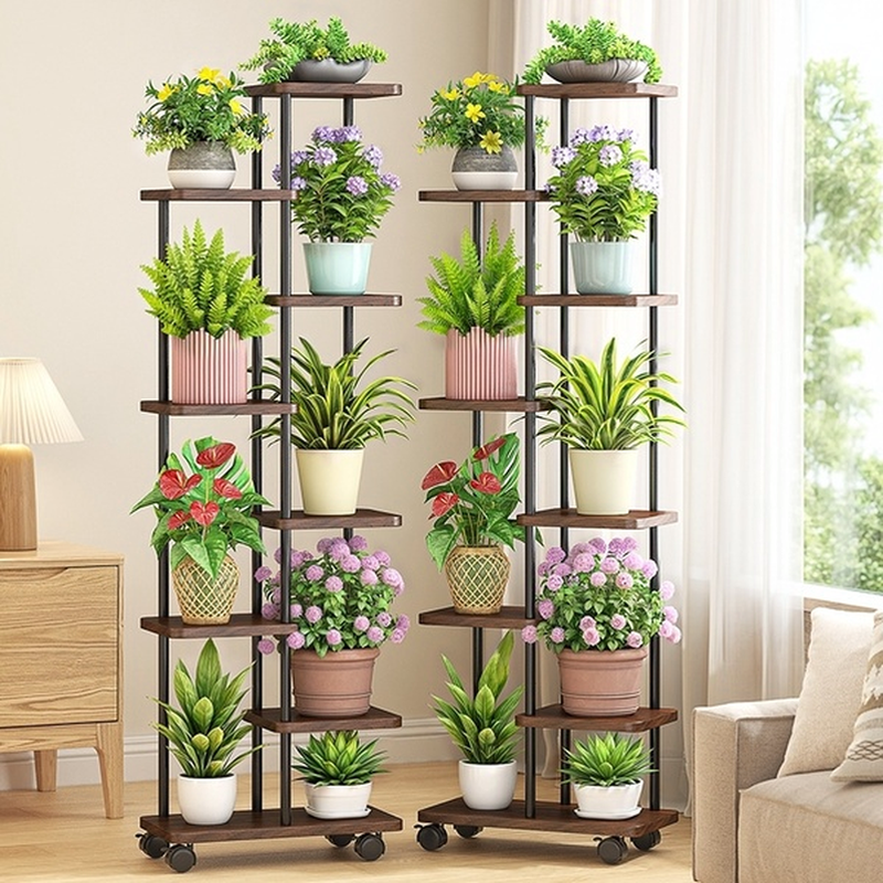 Trendy Rectangle Wood Multi-Level Plant Shelf with 8 Shelves/7 Shelves/6 Shelves and Roller Wheels