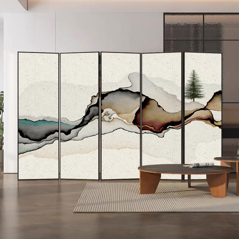 Black Opaque Compact Room Divider with Metal Frame 5/4 Panels Double Sided Print Detached