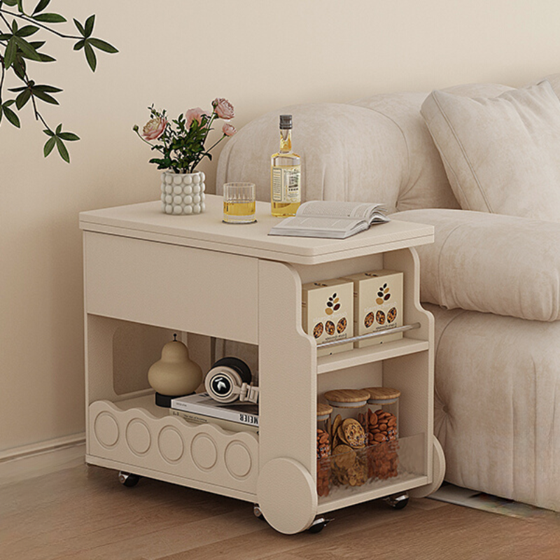 Reclaimed Wood Chairside Table with Wheel Base in Black/Chalk/Cocoa, Space-saving Design with Swivel Wheels, Rectangular Drawer