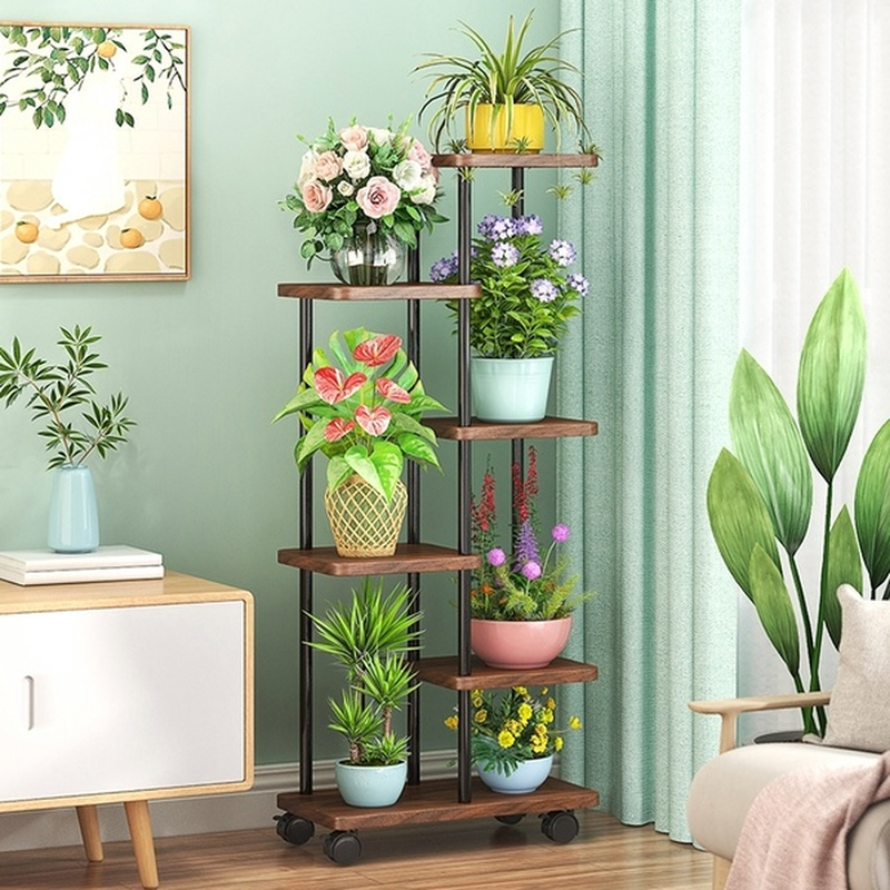 Casual Multi-Tier Timber Rectangle Plant Rack with Metal Frame, 8 Shelves/7 Shelves/6 Shelves and Roller Base