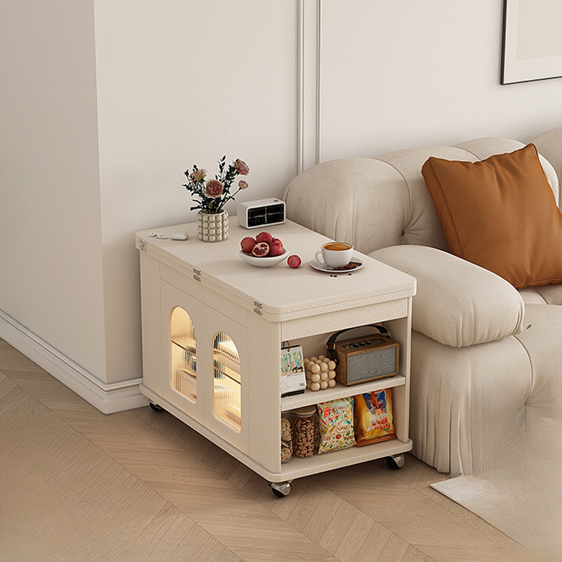 Rectangular Black/Chalk Vitreous Chairside Table with Space-saving Swivel Wheels and 2 Drawers