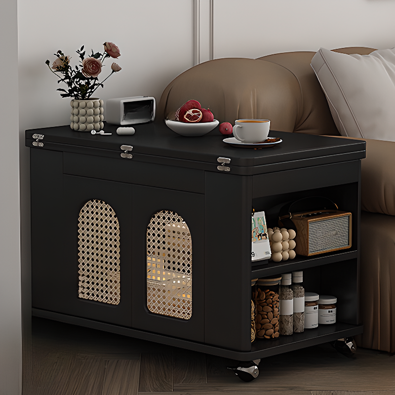 Portable Wheel Chairside Table in Black/White with Space-saving Foldable Design, Rectangular Shape, Shelf, and Hutch