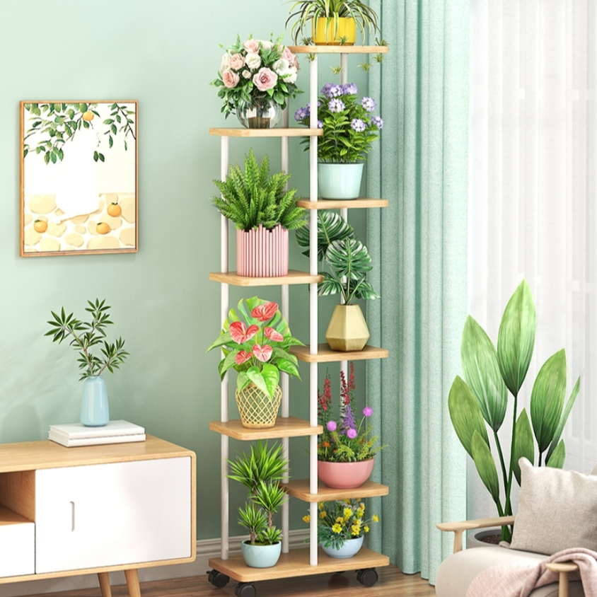 Contemporary Multi-Level Timber Rectangle Plant Holder with Caster Wheels and 8 Shelves/7 Shelves/6 Shelves