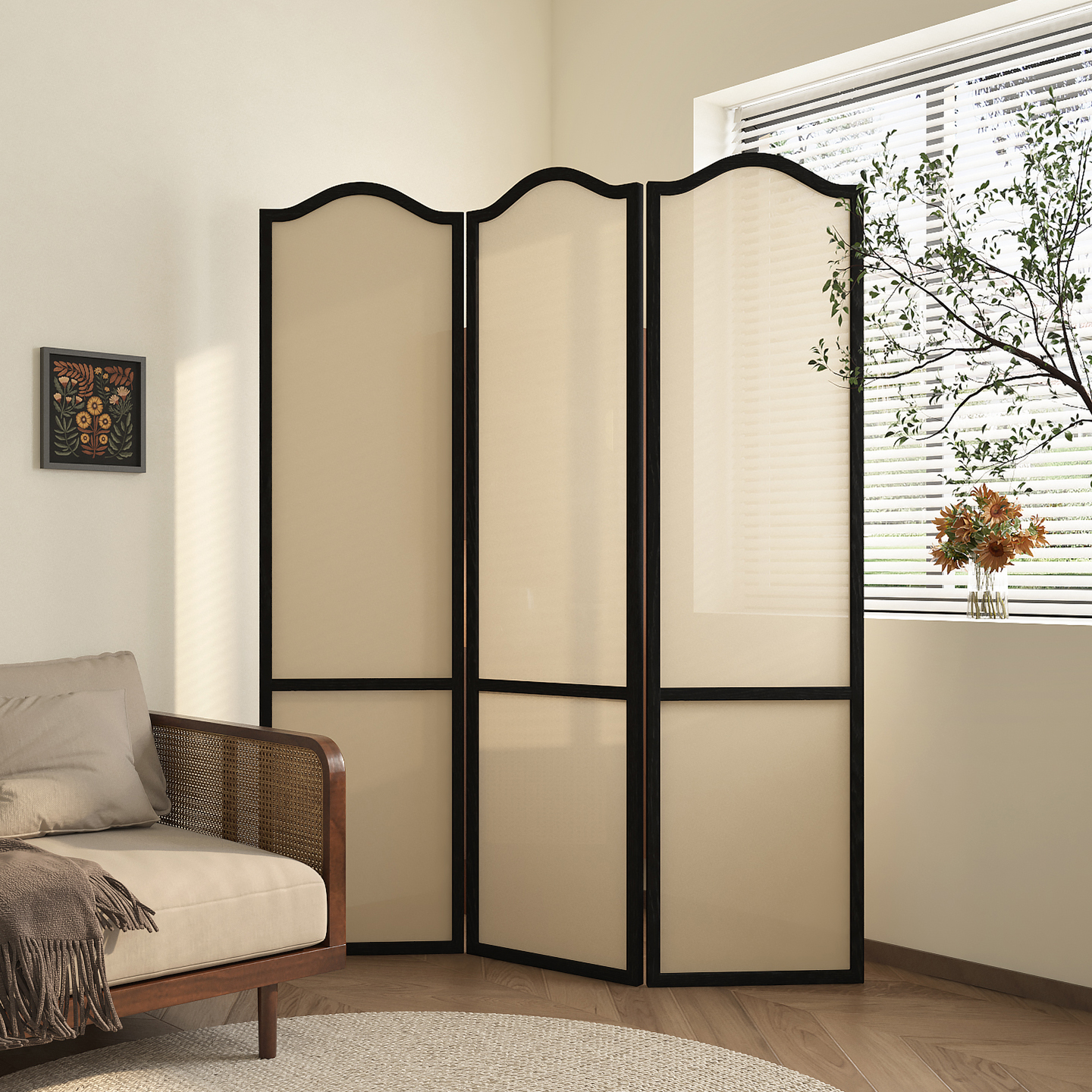 Room Divider Partition in Black Modern Simple Style with Translucent Folding Design, 3 Panels, Gauze Material, and Independent Free Standing