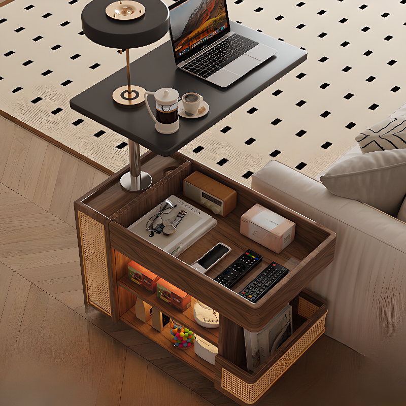 Flexible Height Rectangular Black/White Wood Chairside Table with Portable Wheel Base and Shelf