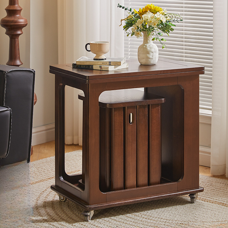 Timber Chairside Table with Wheel Base in Black/Chalk/Cocoa, Space-saving Design with Swivel Wheels, Rectangular Shelf