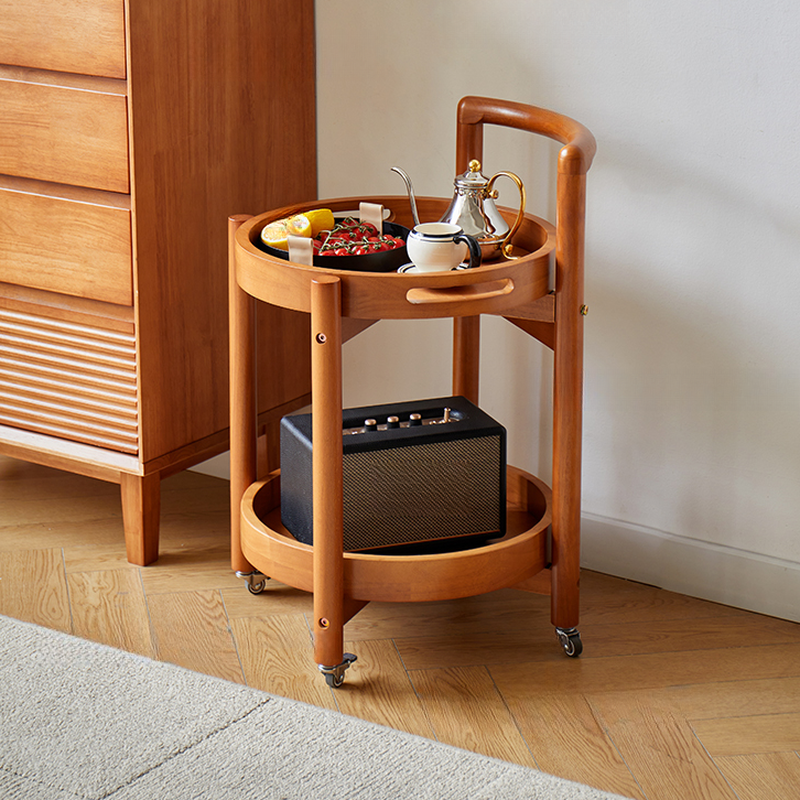 Auburn/Natural Lumber Round Tray Top Chairside Table with Swivel Wheels, Shelf and Wheel Base