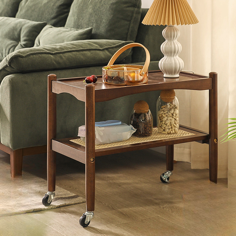 Modern Rectangle Glassy/Auburn/Natural Finish Glass/Wooden Chairside Table with Caster Wheels and Shelf, Wheel Base Included