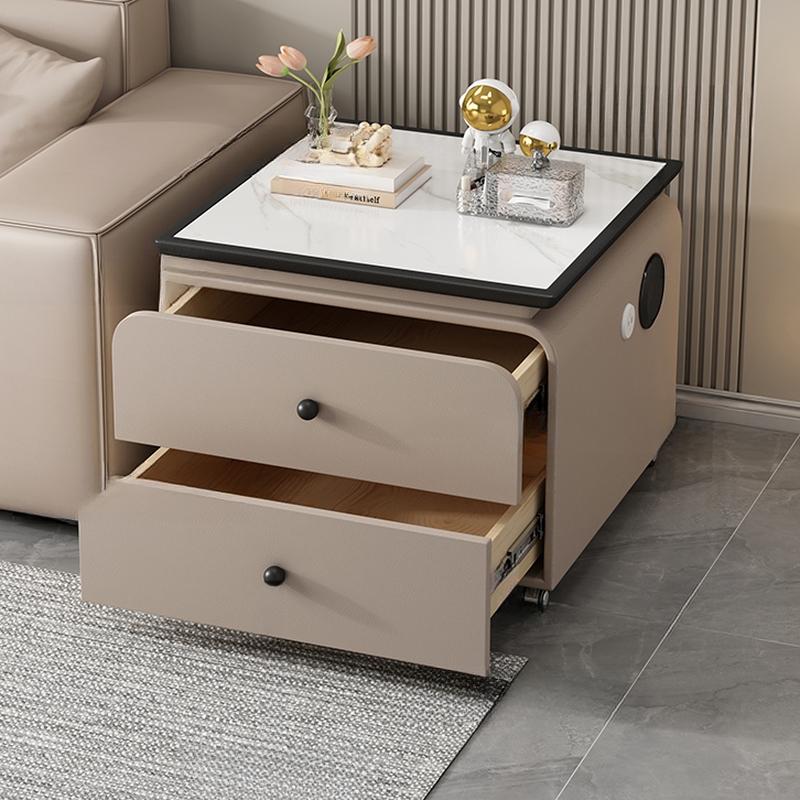 Modern Simple Style Square Chairside Table with White Sintered Stone, Portable Wheel Base, and 2 Drawers