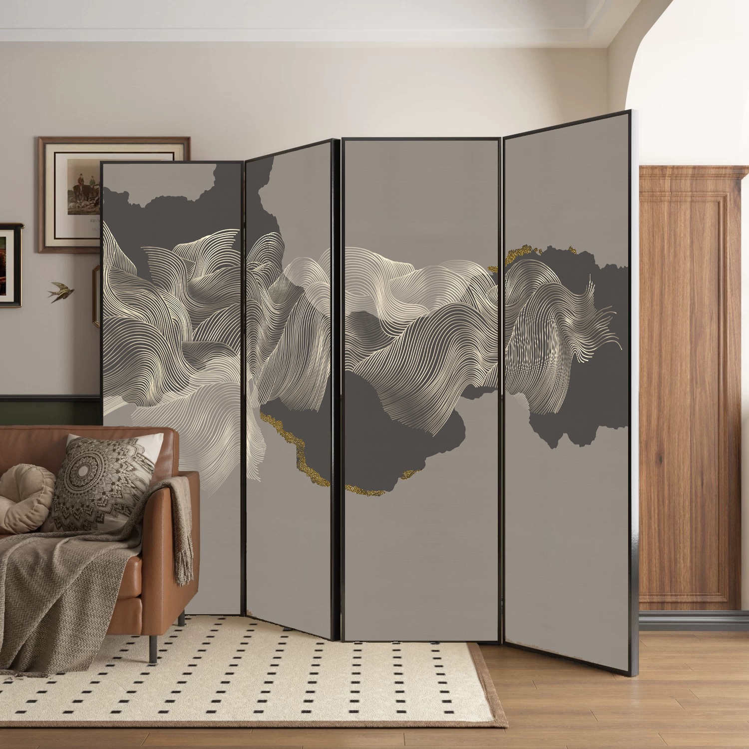 Light Gray Room Divider with Opaque Light Filtration, Compact Lumber Frame, 4 Panels, Double Sided Print, and Detached Design
