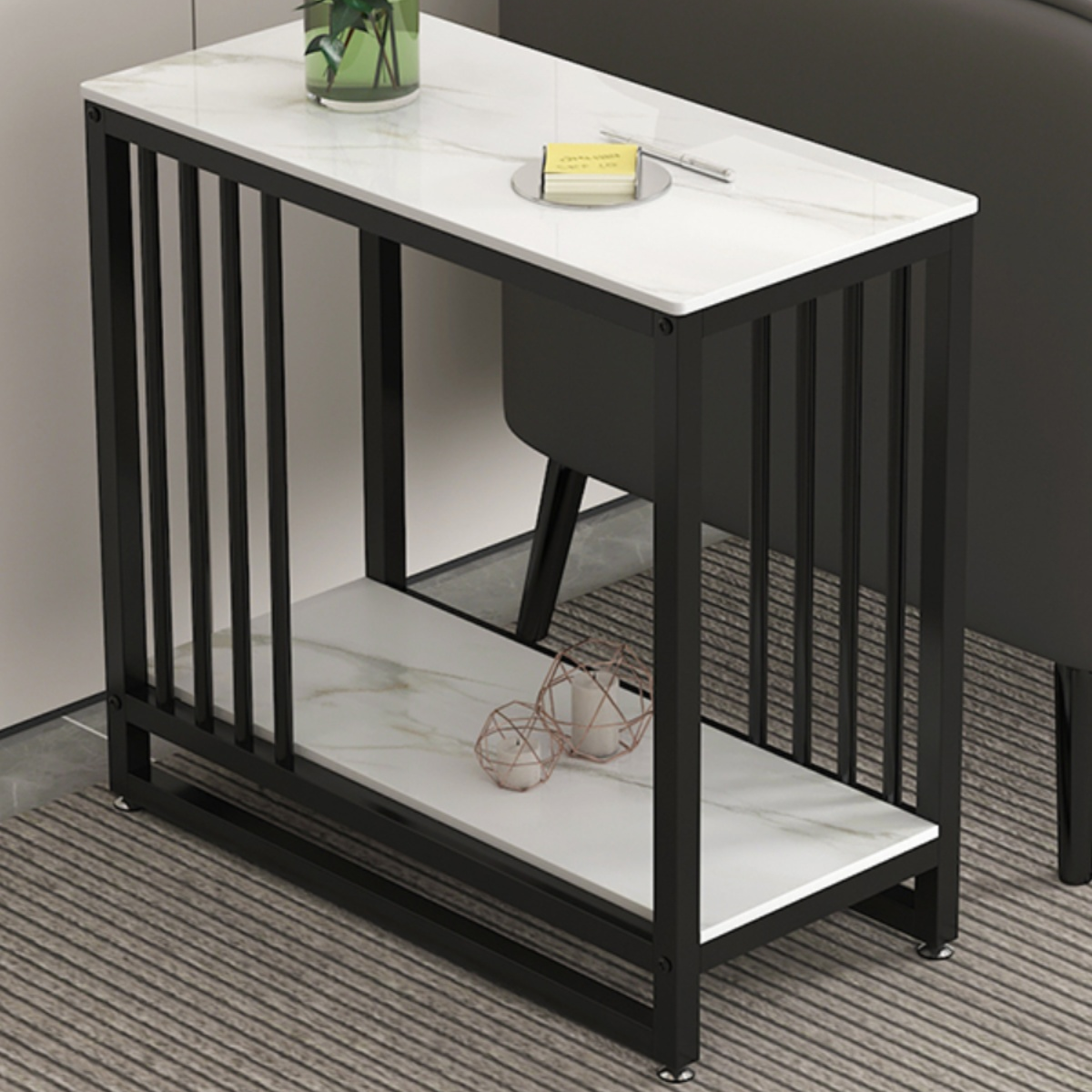 Modern Simple Style Chairside Table Only with Sintered Stone Top, Trestle Base, Rectangular/Square Shape, and Shelf