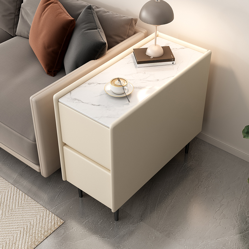 Modish 4 Legs Chairside Table with a White Sintered Stone Rectangle Top and 2 Drawers, Table Only
