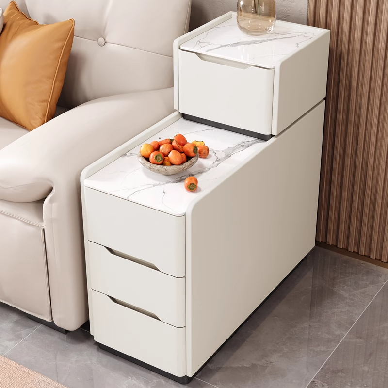 Modern Simple Style Rectangular White Sintered Stone Chairside Table with Block Base and 4 Drawers
