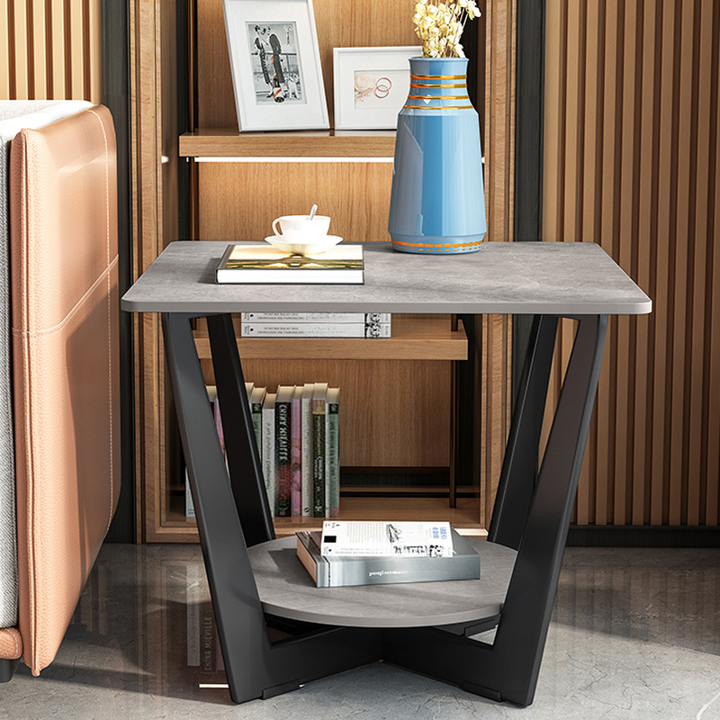 Modern Simple Style Square Sintered Stone Chairside Table with Cross-side Base and Shelf