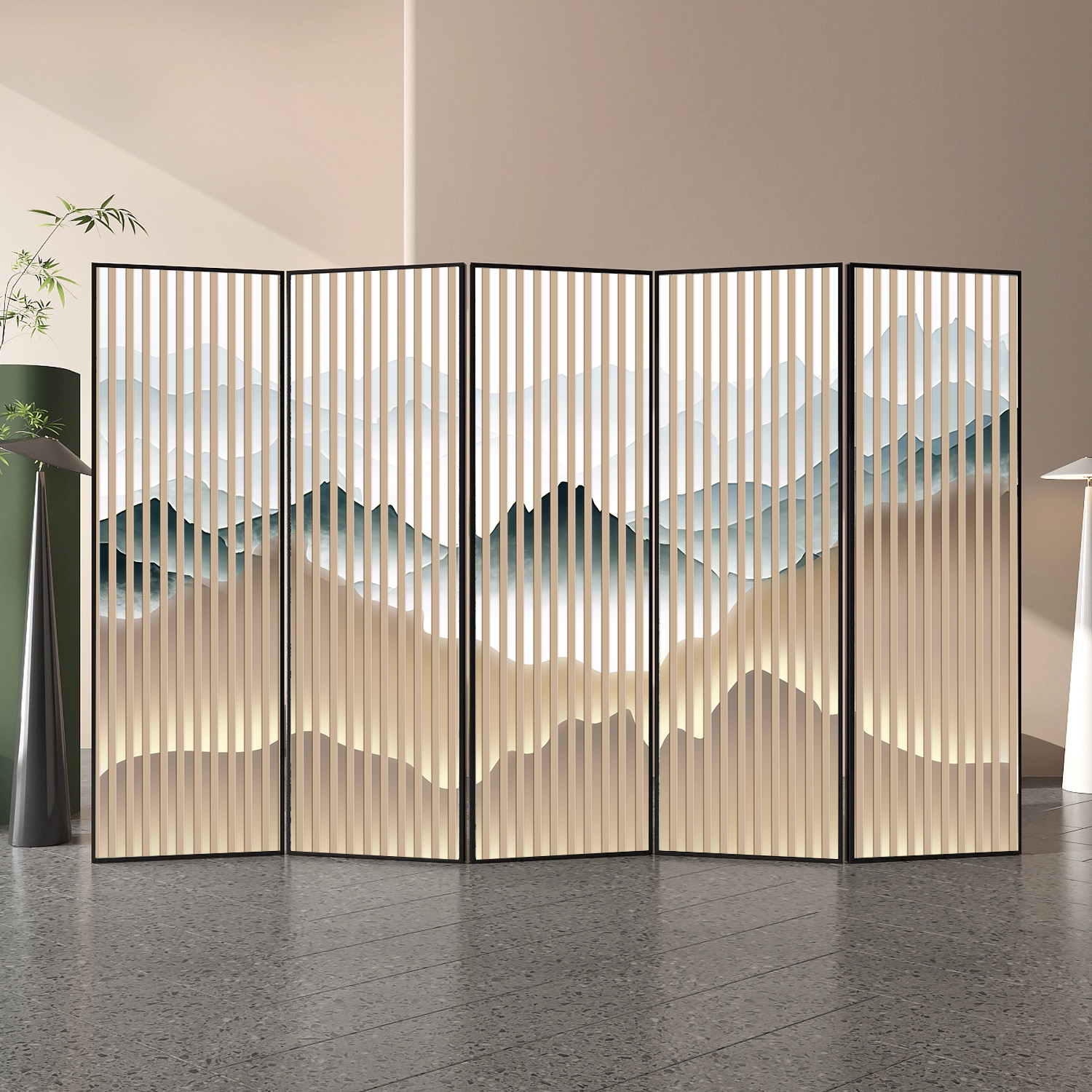 Cream Space-saving Detached Double Sided Print Opaque Room Divider Track with Metal Frame and 5 Panels/4 Panels