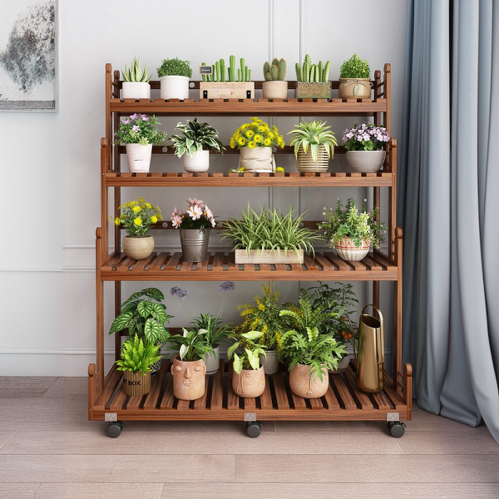Contemporary Multi-Tiered Rectangle Wood Plant Stand with Casters