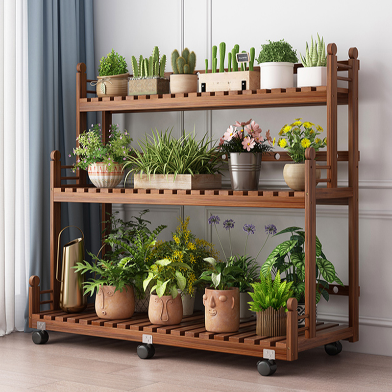 Minimalist Multi-Level Rectangle Flower Rack in Wooden with Rollers