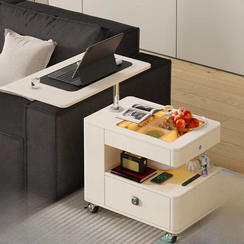 Flexible Height Glass Chairside Table with Wheel Base in Black/White, Portable Rectangular Design with 2 Drawers