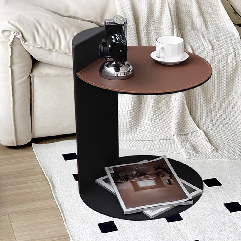 Modern Simple Style Orbicular Chairside Table Only with Sepia Pu C-shape Base and Shelf