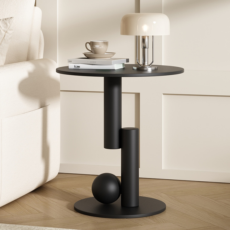 Modern Simple Style Chairside Table - Table Only with Iron Top and Pedestal Base in Black/White/Cream Orbicular Design