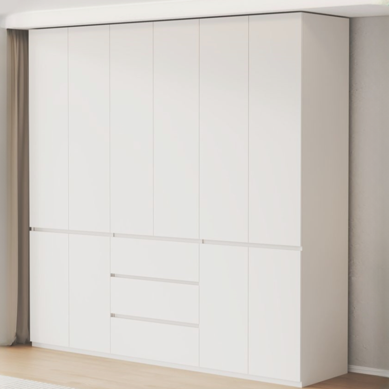 White Simple Oak Wood Self-supporting Wardrobe with Soft Close Drawer, Soft Close Door, and Interior Shelves