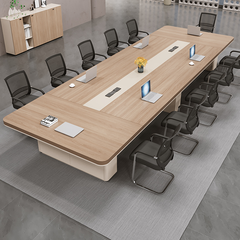 Light Natural Brown Casual Meeting Table with Power Outlet and Engineered Wood Rectangle Top for Seats 12+