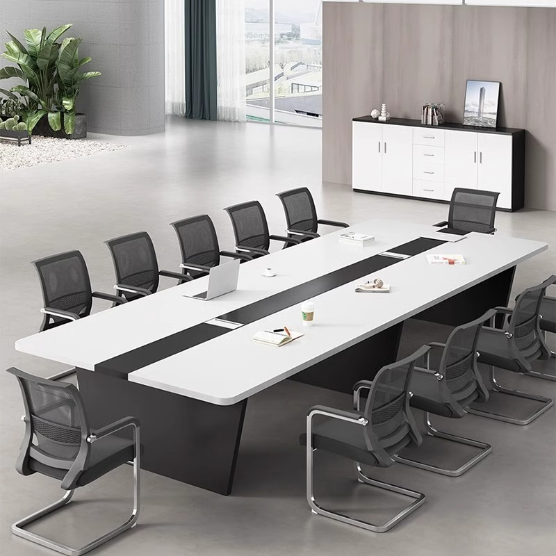 Faux Wood White Rectangle Conference Table with Cable Organizer for Seats 12+/for 10/8-seater in a Modern Simple Style