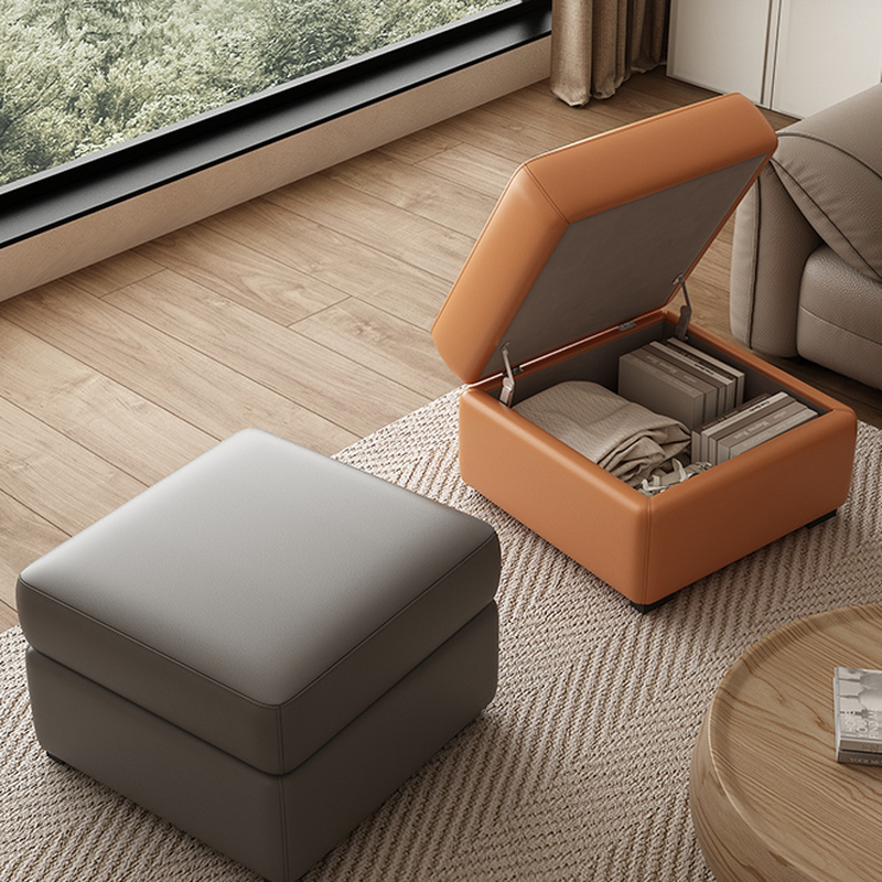 Contemporary Square/Rectangle Solid Colour Storage Ottoman in Genuine Leather with Ink/Dove Grey/Citrus Colour Upholstery and Stockroom