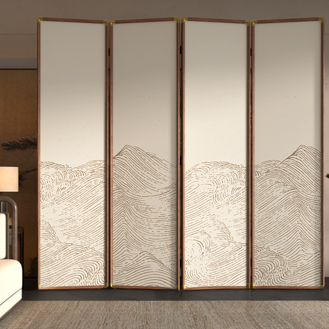 Cocoa Opaque Wood Folding Room Divider Partition with 5/6/4 Panels, Double Sided Print, and Independent Free Standing