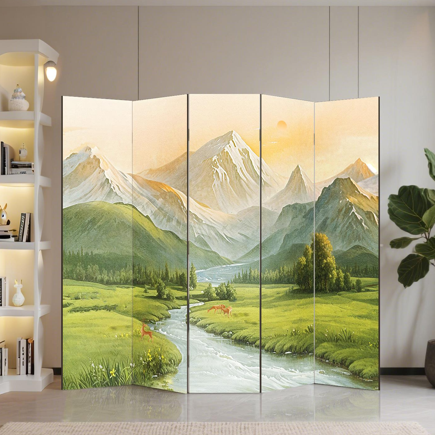 Room Divider Partition in Modern Simple Style with Opaque Folding Wood Frame, Available in 5 Panels/4 Panels/3 Panels, Double Sided Print, and Independent Design