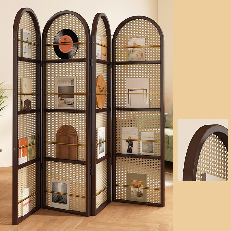 Modern Simple Style Translucent Folding Room Divider Partition with Shelf, 4/3/2 Panels, Cane Material, and Independent Free Standing