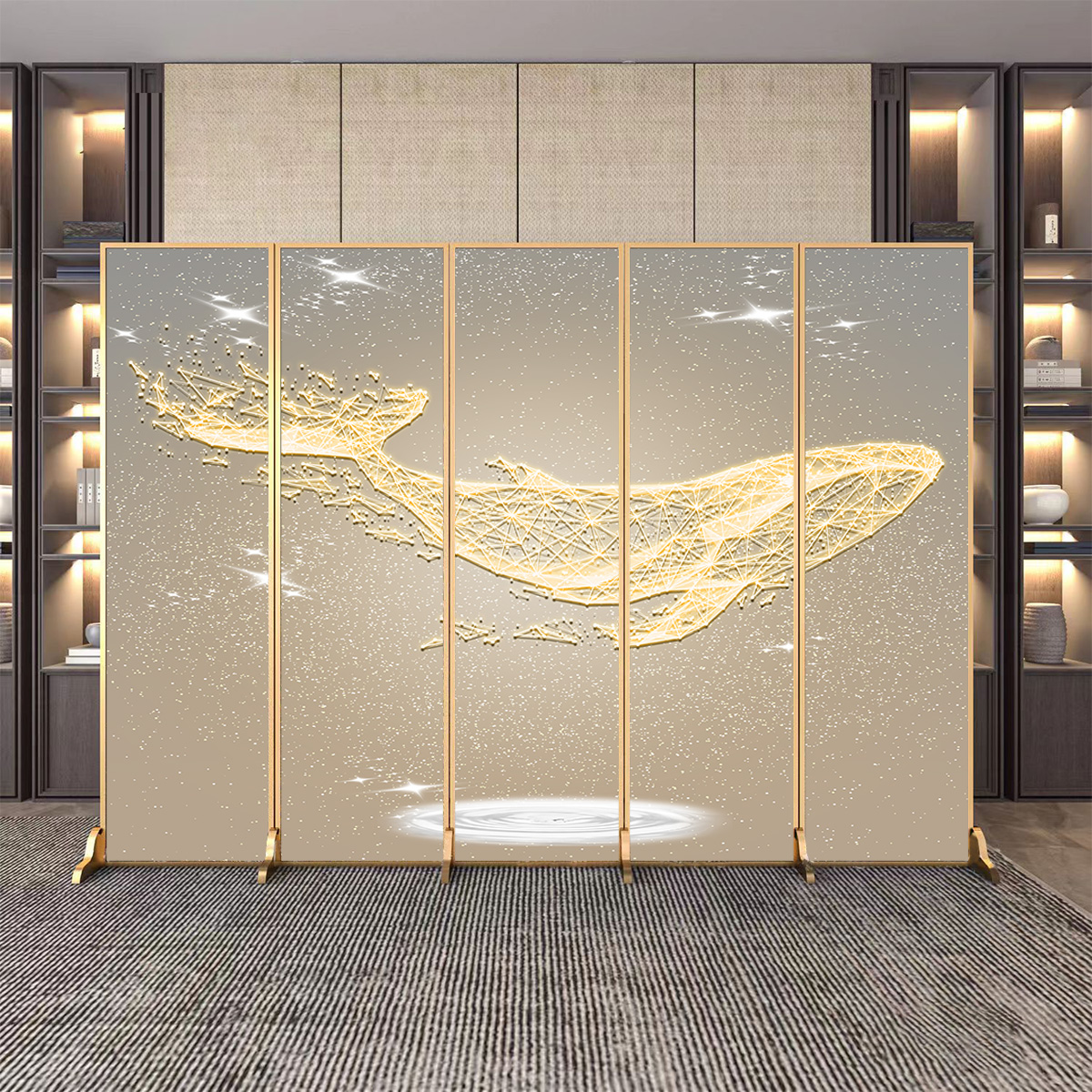 Contemporary Opaque Alloy Wall Separator, Freestanding Collapsible with Double Sided Print, Featuring 5 Panels