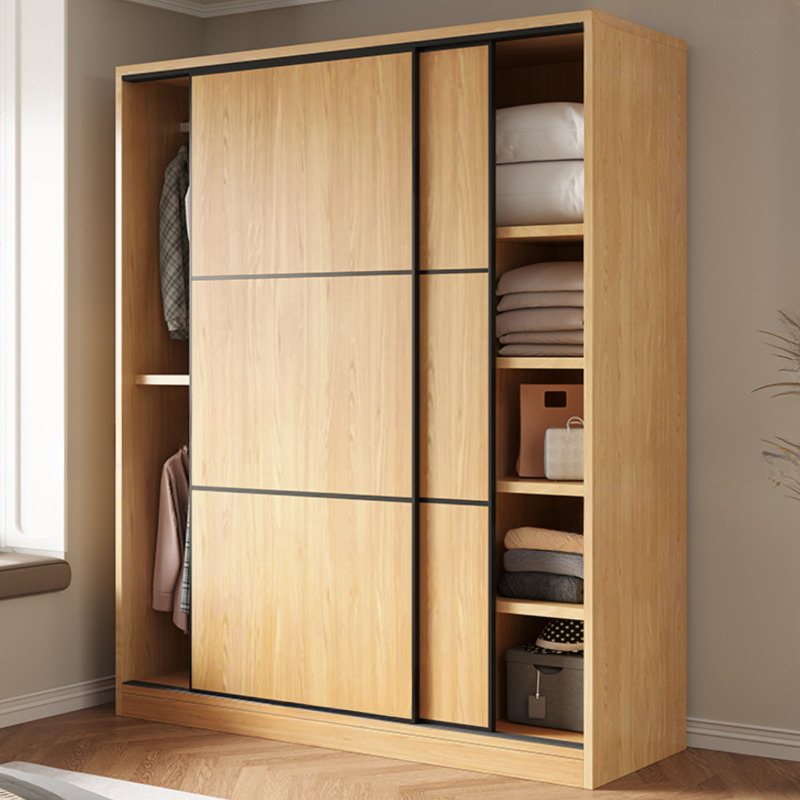 Wood Grain Simple Wooden Self-supporting Wardrobe with Soft Close Door, Interior Shelves, and Hanging Rod