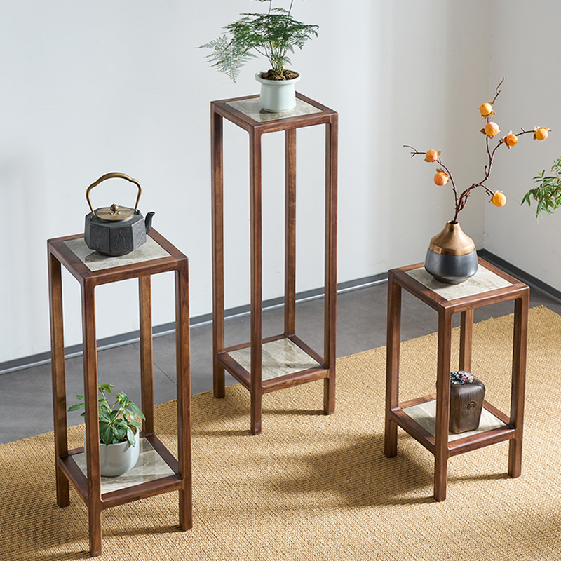 Contemporary Square Multi-Level Plant Stand Table with Stone Top for Ground Installation
