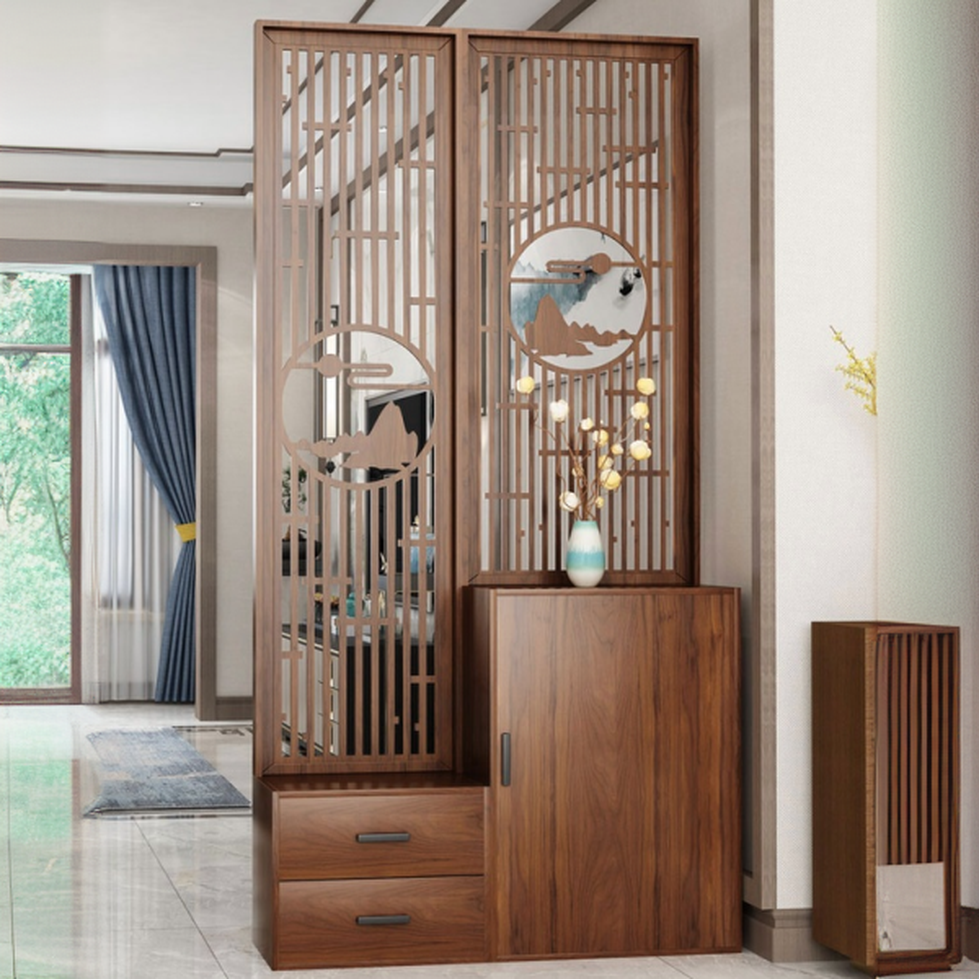 Auburn Contemporary Transparent Freestanding Wall Separator with Shelf and 2 Panels Wood