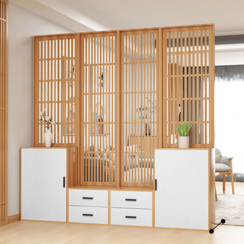 Unfinished Contemporary Transparent Freestanding Wall Separator with Shelf and 4 Panels Wood